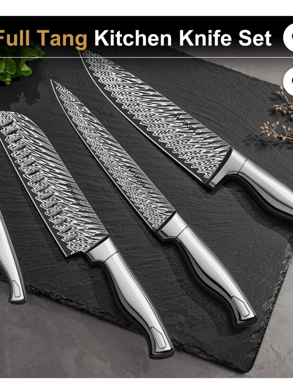 AsterCook 12-Piece Silver Knife Set with Brown Wooden Block